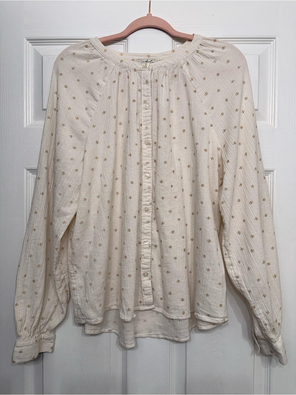 Wonderly XXL Cream Cotton Gauze Button Front Blouse Boho Puff Sleeve